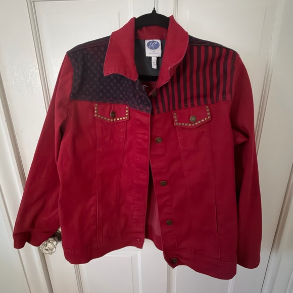 DG2 by Diane Gilman Red and Black Jean Jacket - Picture 2 of 5